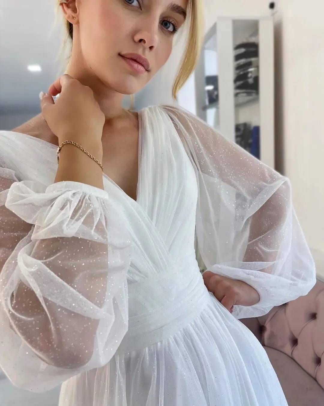 Fabulous Long White A-line V-neck Long Sleeves Glitter Wedding Dress With Slit